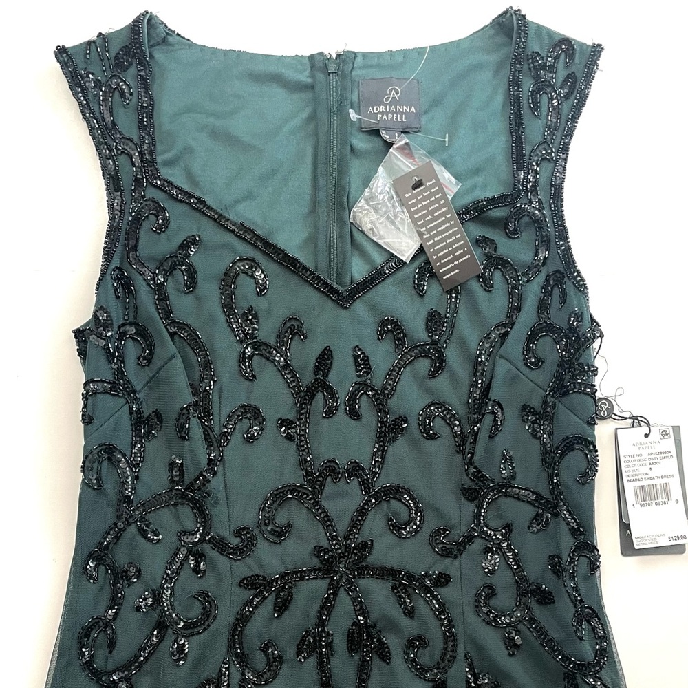 Adrienna Papell beaded sheath dress in green